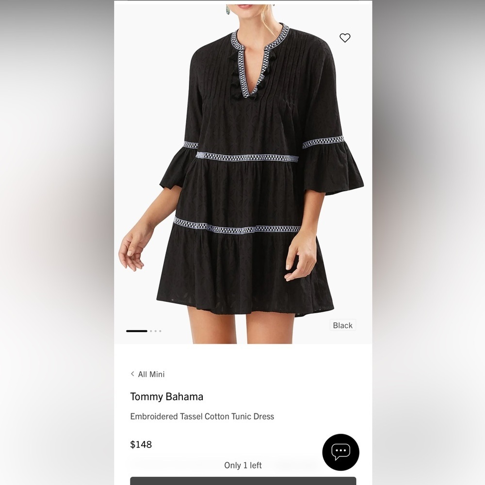 Tommy Bahama Black Embroidered Tassel Cotton Mini Dress